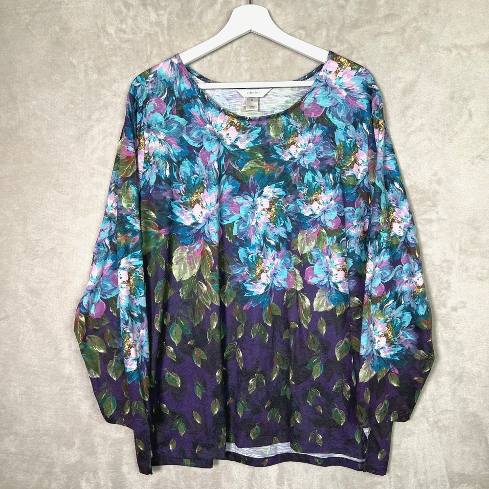 CJ Banks Painterly Floral Purple Teal 2X Long Sleeve Top Scoop Neck Knit Artsy
